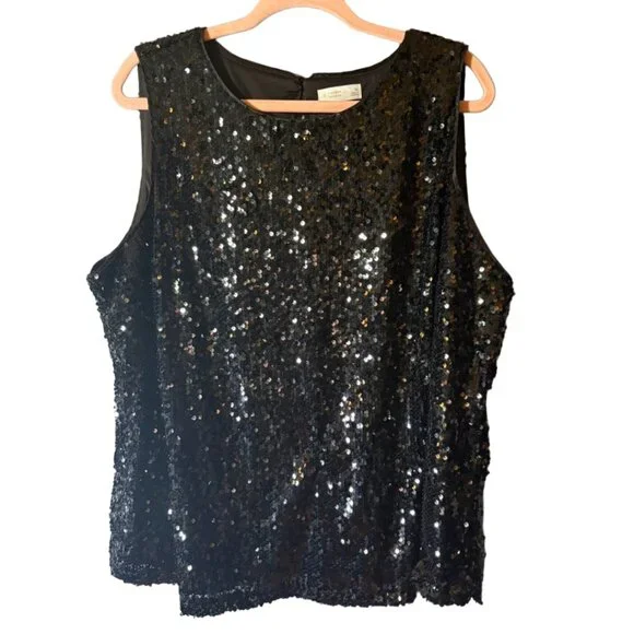 LC Lauren Conrad Black Sequin Tank Top 1X Sleeveless Party Top - Picture 1 of 8